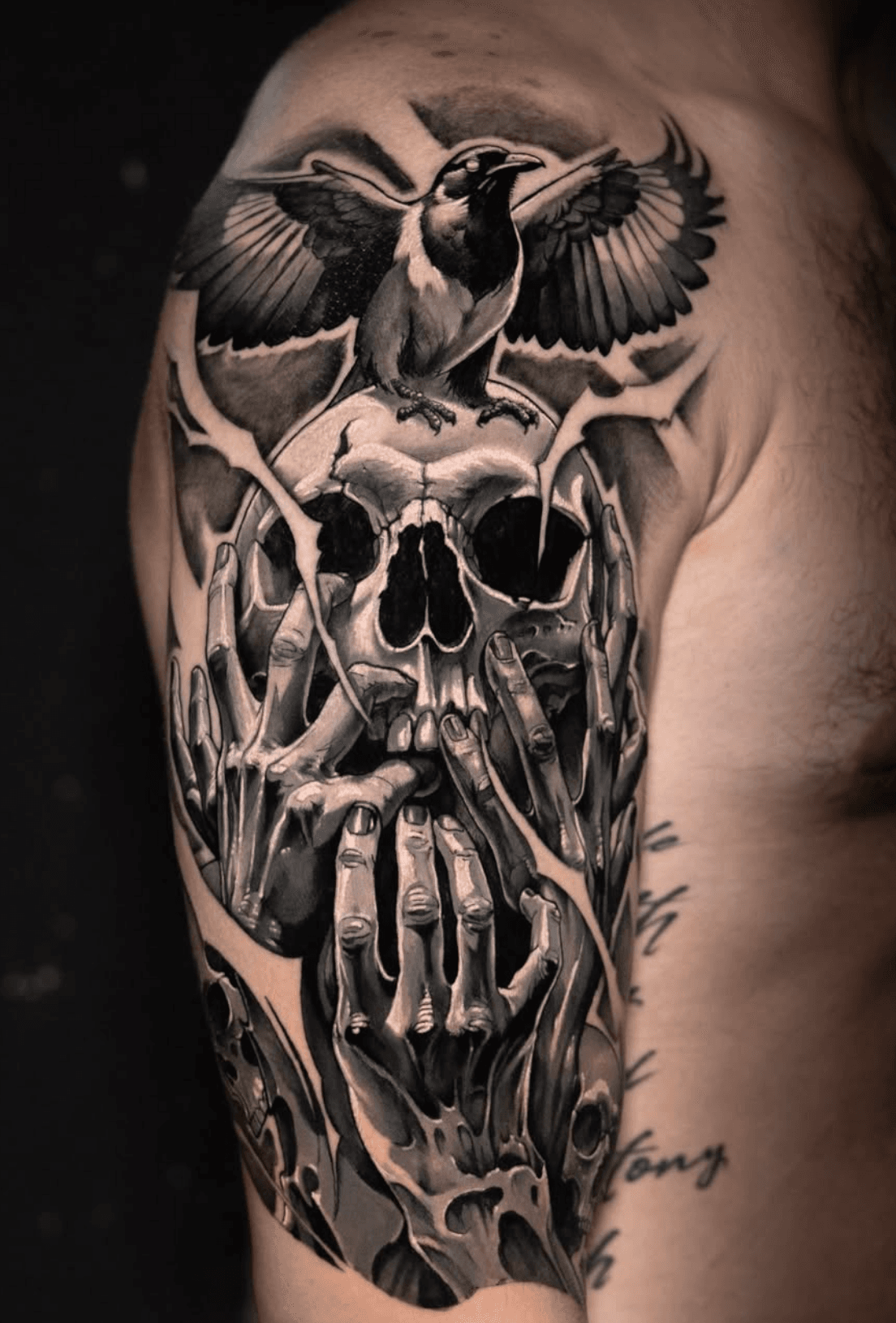 Calavera con cuervo — realismo black & grey